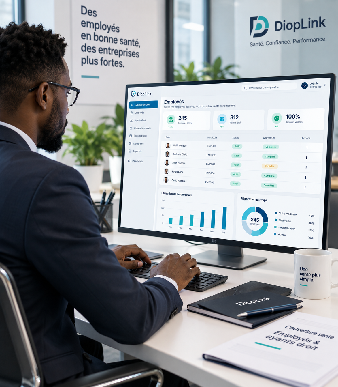 Responsable d’entreprise consultant le tableau de bord DiopLink pour gérer employés, ayants droit et dépenses médicales
