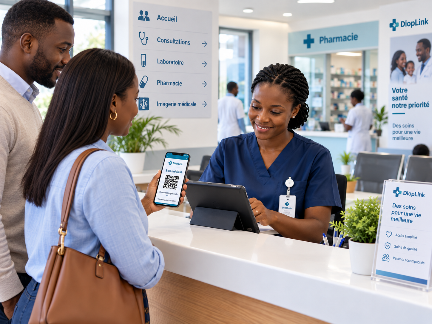Accueil d’un hôpital vérifiant sur smartphone un bon médical DiopLink avec QR code présenté par une bénéficiaire accompagnée
